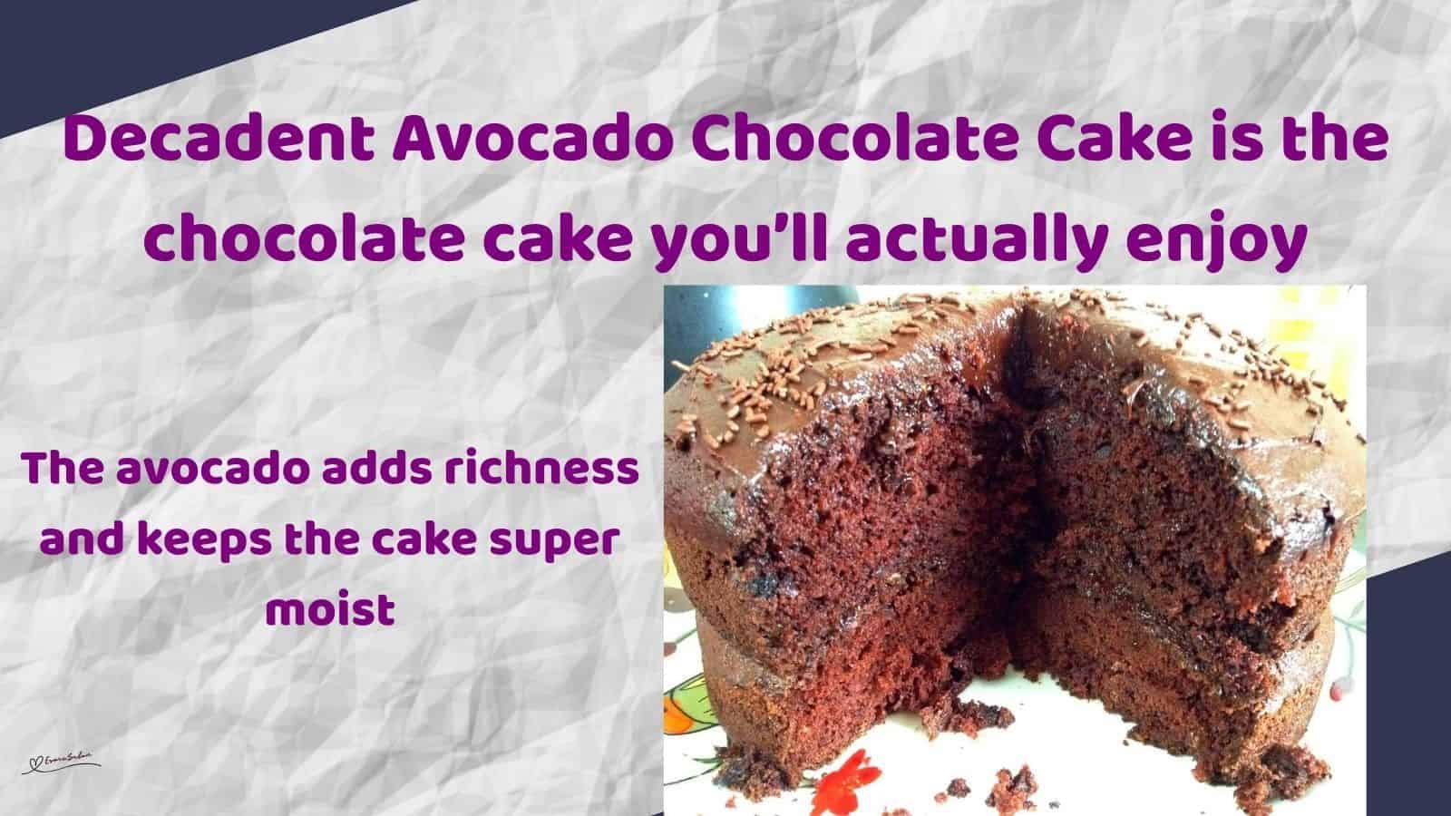 an image of an Avocado Chocolate Cake with Avocado frosting and chocolate sprinkles