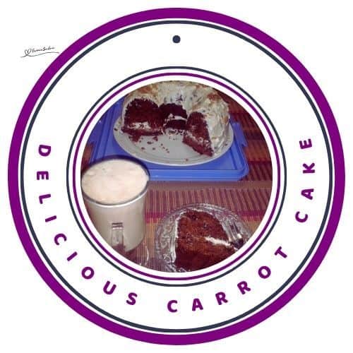 an image of a Delicious Carrot Cake on a white serving plate with a sliced on the side