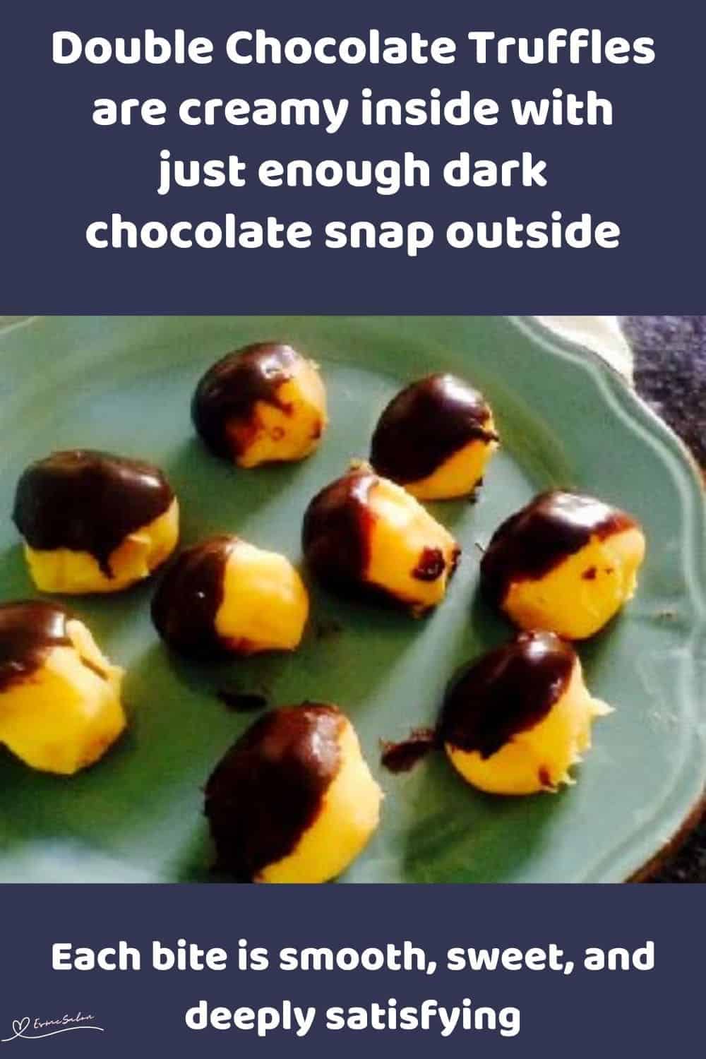 an image of Double Chocolate Truffles, white and brown on a green plate