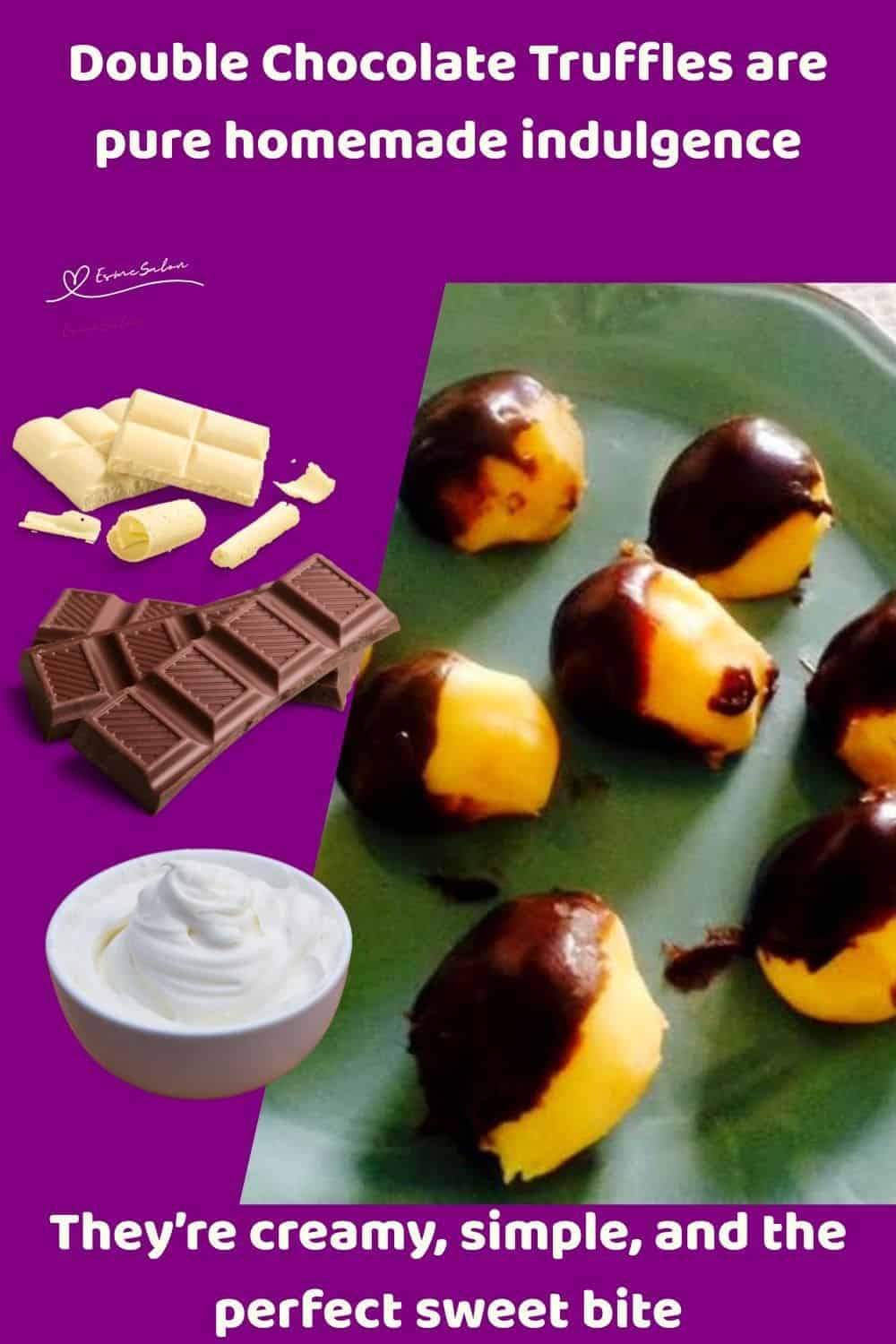 an image of Double Chocolate Truffles, white and brown on a green plate