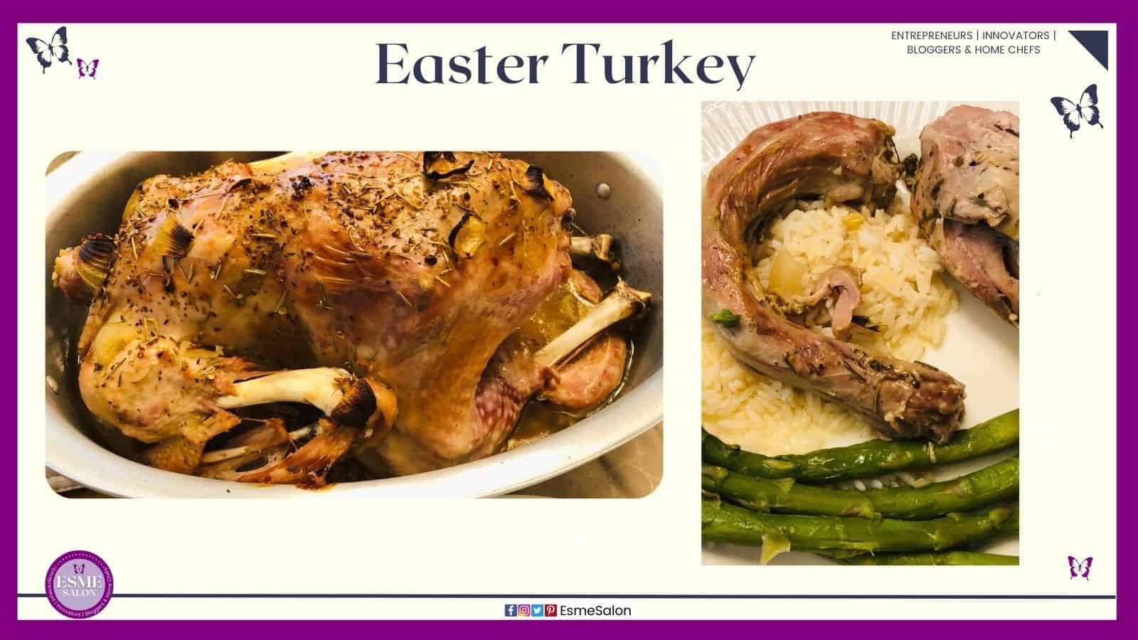 an image of a fully cooked Easter Turkey dinner in the baking pan as well as served