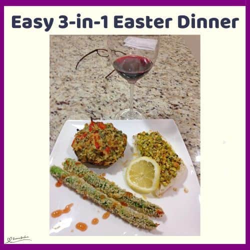 an image of a Easy 3-in-1 Easter Dinner with pistachio halibut, stuffed mushrooms, and asparagus fries