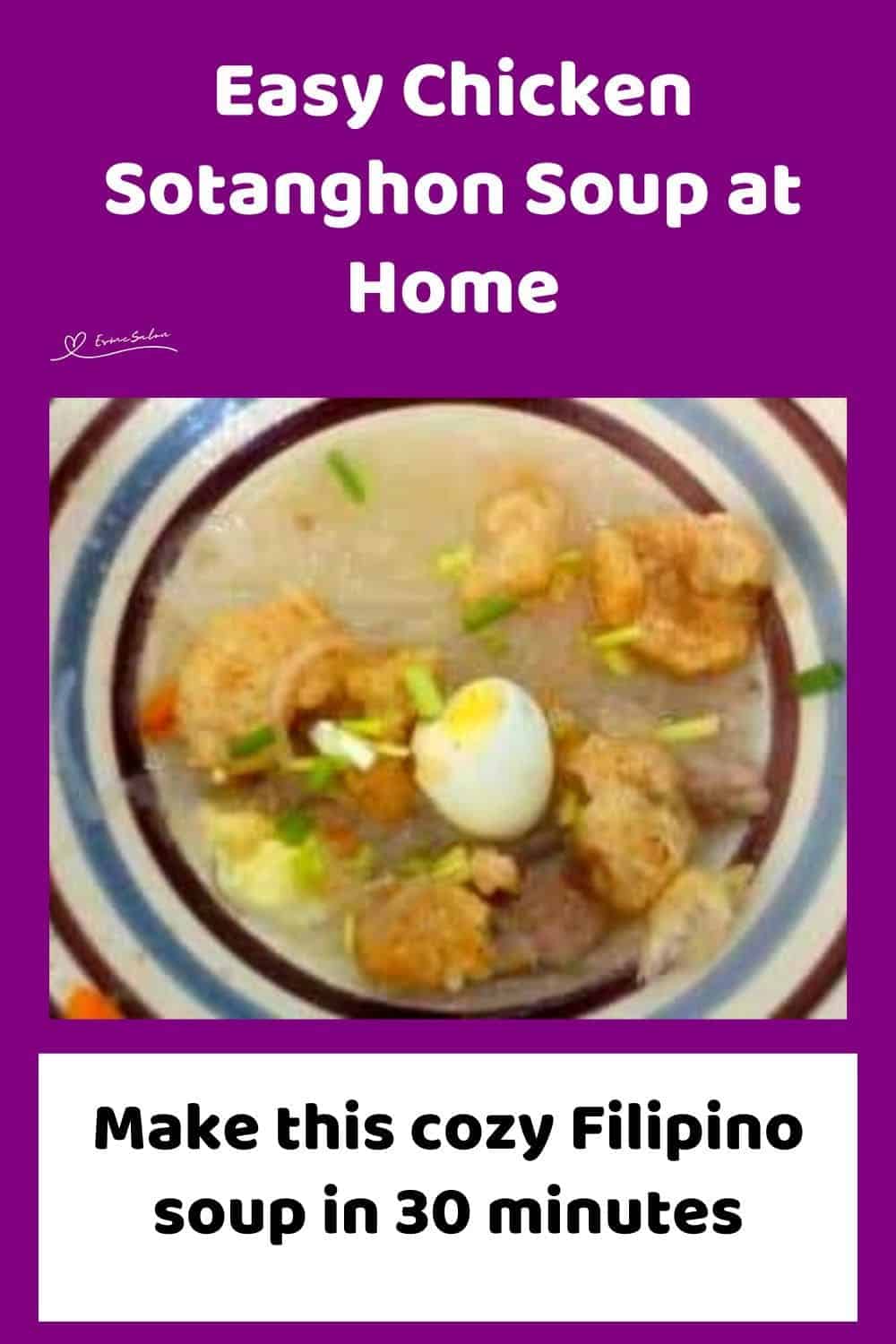 an image of a soup bowl with blue and maroon circles on the edge filled with Chicken Sotanghon Soup