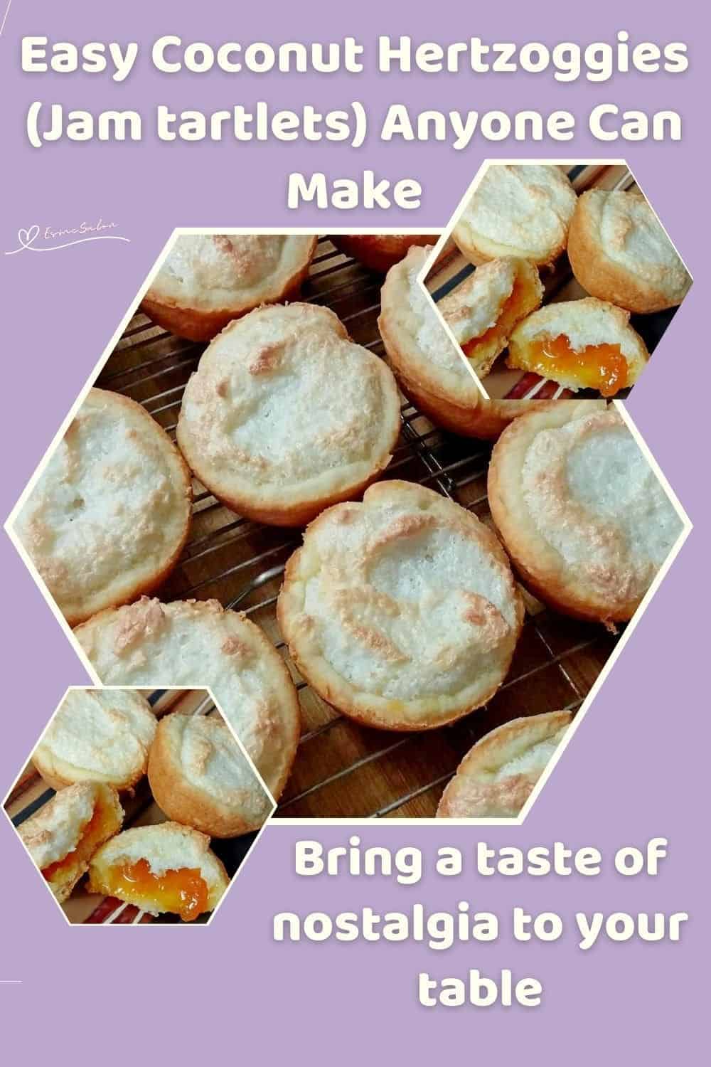 an image of Hertzoggies (Jam tartlets); jam filled and topped with a coconut fluffy mixture