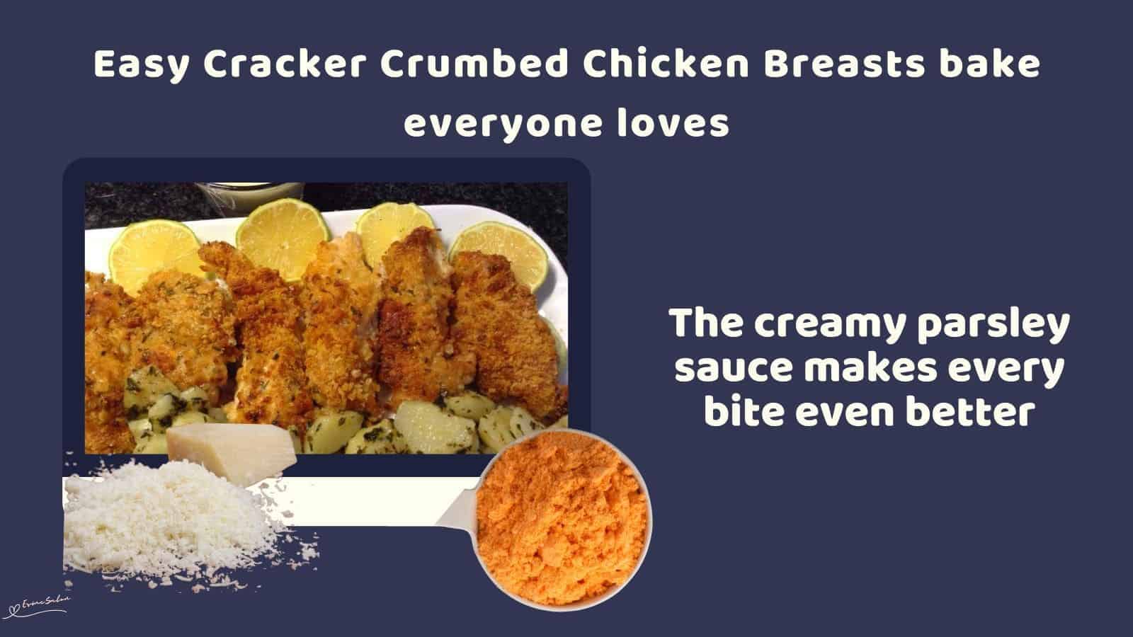 an image of Cracker Crumbed Chicken Breasts with lemon sides and sautéed potatoes