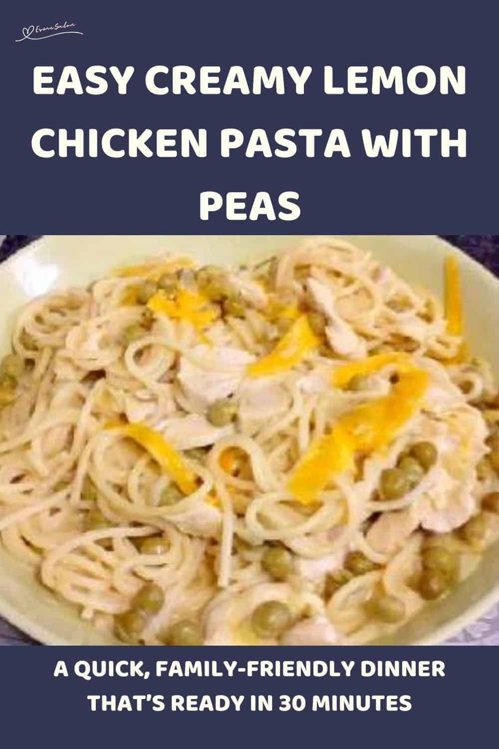 an image of Creamy Lemon Chicken Pasta with Peas in a white round dish