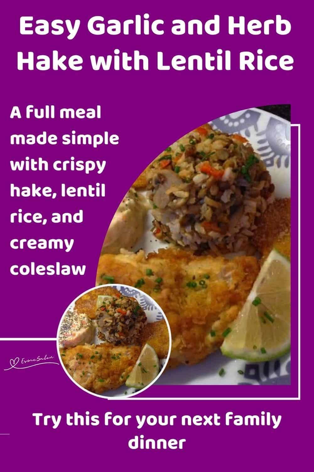 an image of Garlic and Herb Hake with Savoury Lentil Rice on a white and blue plate