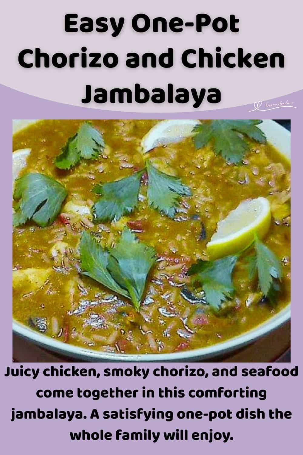 an image of a bowl of Chorizo and Chicken Jambalaya garnished with parsley