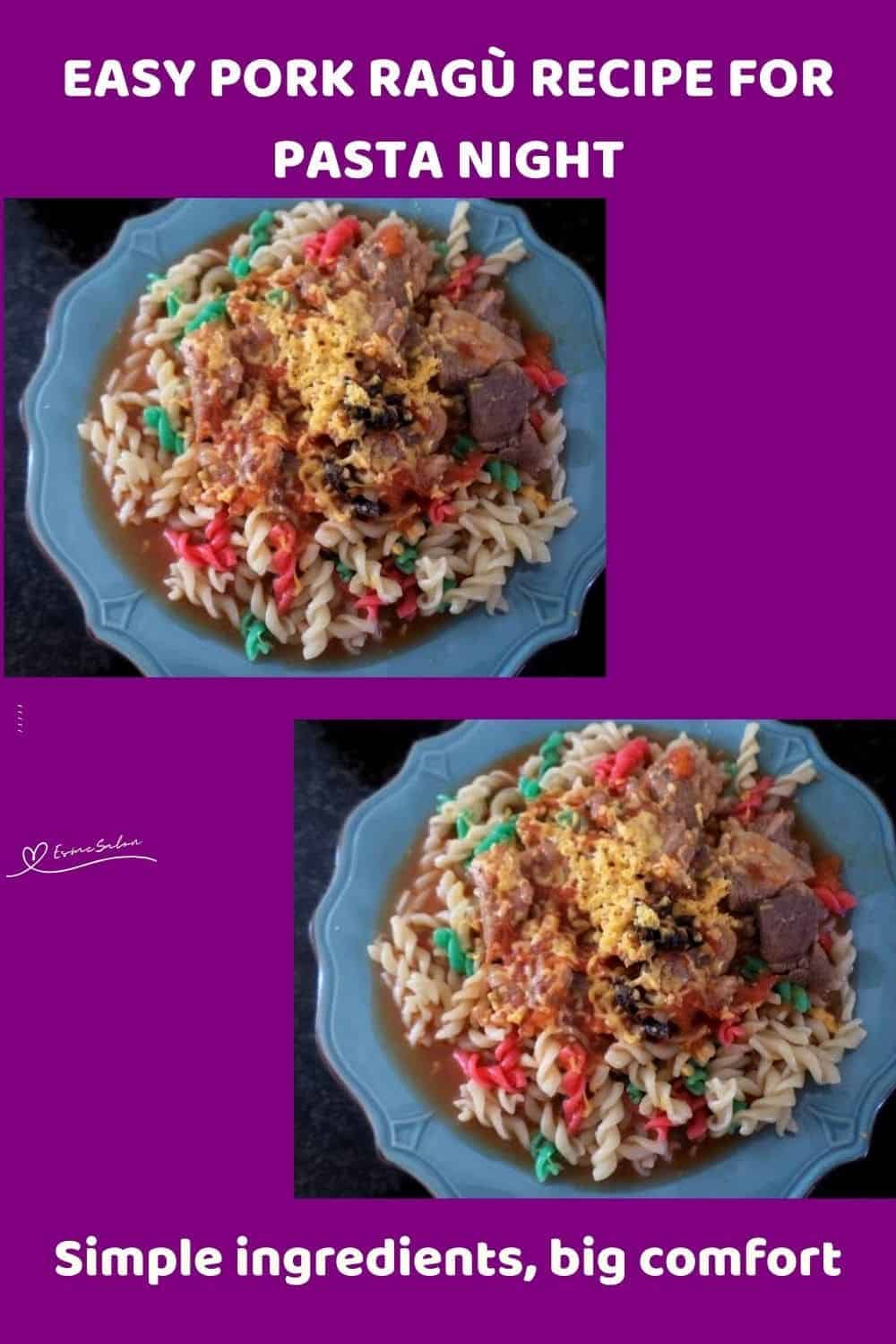 an image of a blue serving dish with Tri-colour Pasta with Pork Ragù