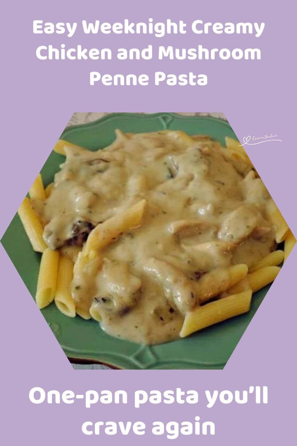 an image of Creamy Chicken and Mushroom Penne Pasta on a green plate