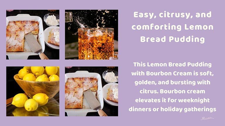 an image of Lemon Bread Pudding with a bowl of Bourbon cream on the side
