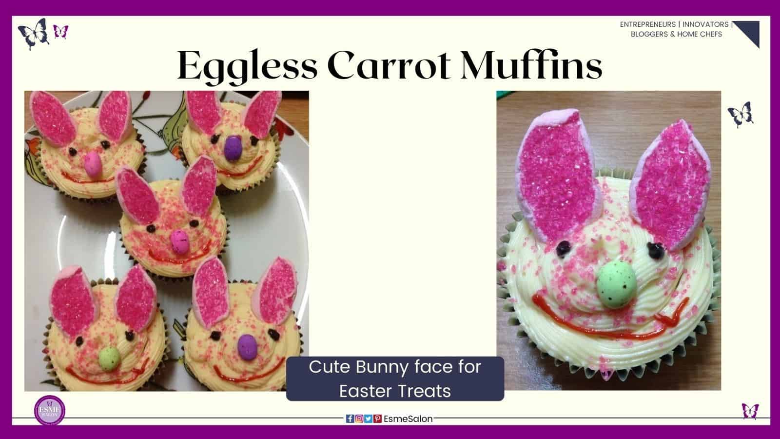 an image of a Eggless Carrot Muffin decorated with pink marshmallow to look like ears and a speckled egg for a bunny face