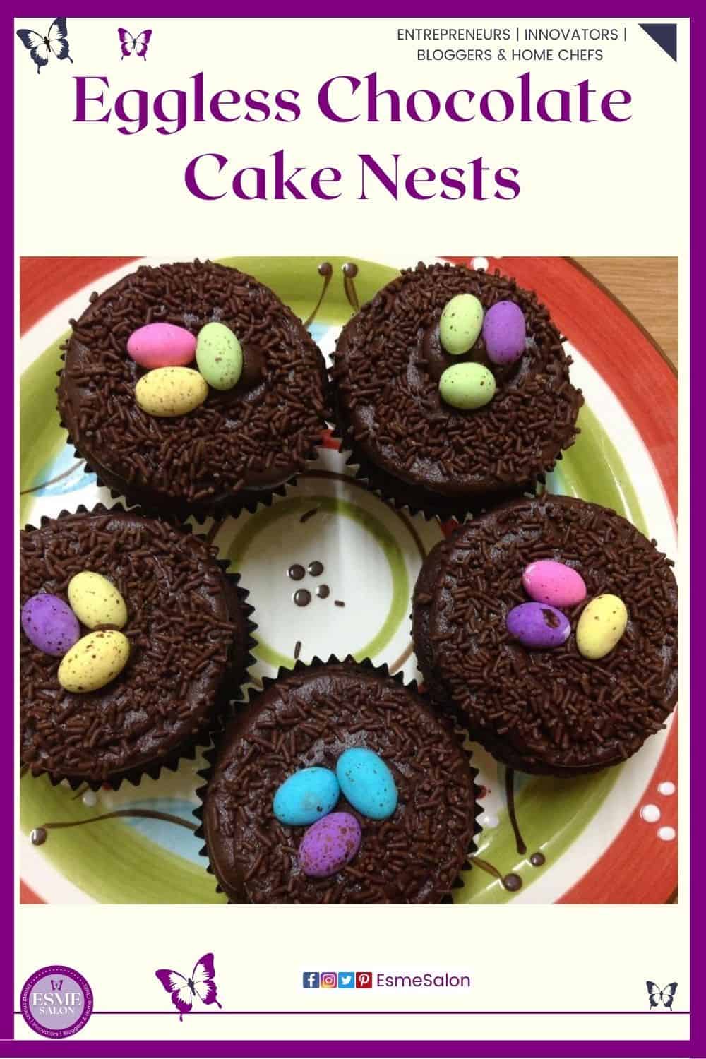 an image of a white and green round plate filled with 5 Eggless Chocolate Cake Nests with colored eggs and chocolate sprinkles as decoration