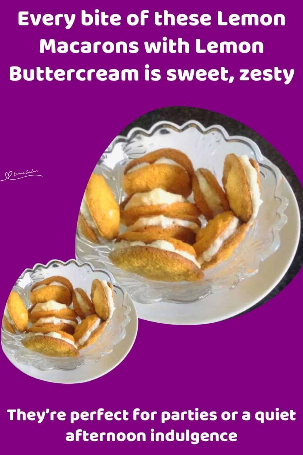 an image of Lemon Macarons with Lemon Buttercream in a glass dish on a white saucer