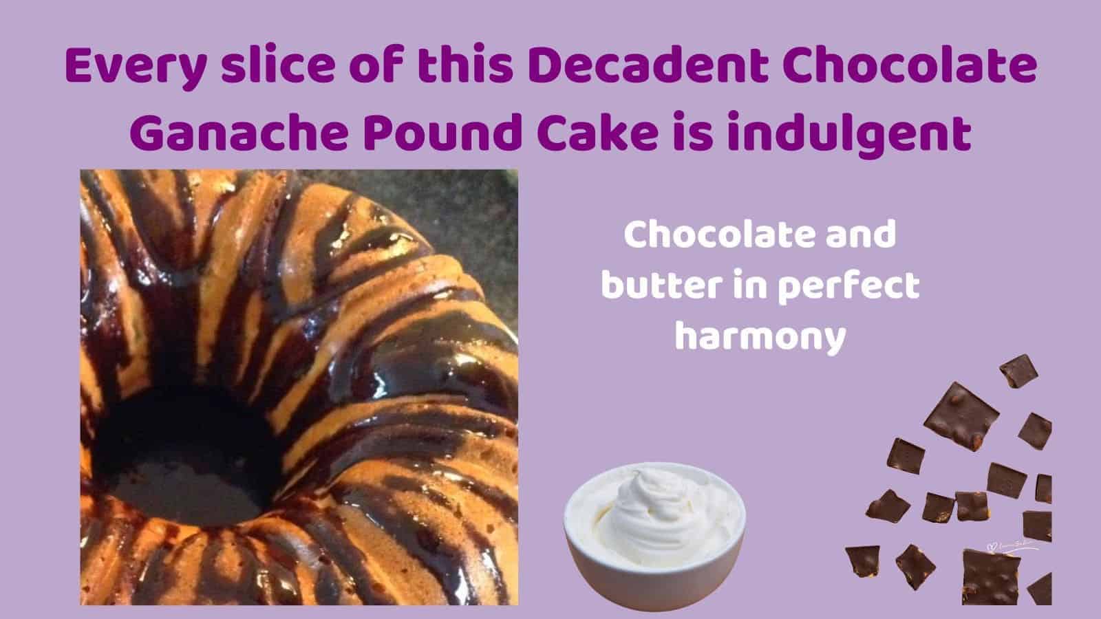 an image of a Decadent Chocolate Ganache Pound Cake baked in a Bundt pan drizzled with chocolate ganache