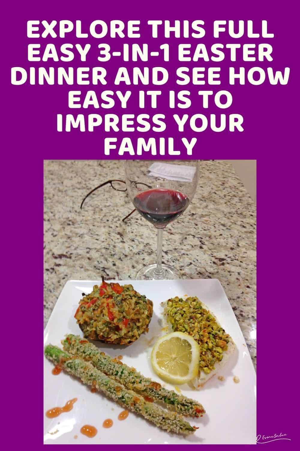 an image of a Easy 3-in-1 Easter Dinner with pistachio halibut, stuffed mushrooms, and asparagus fries