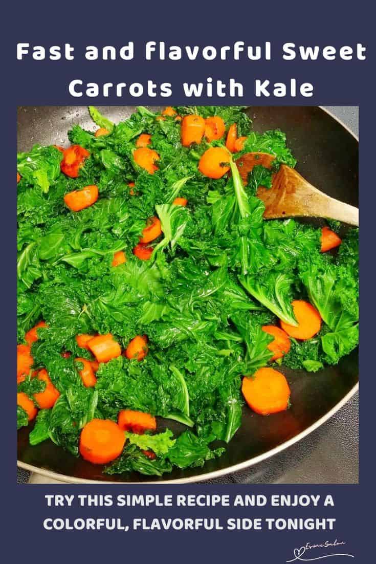 an image of Sweet Carrots with Kale in a pan with a wooden spoon on the side