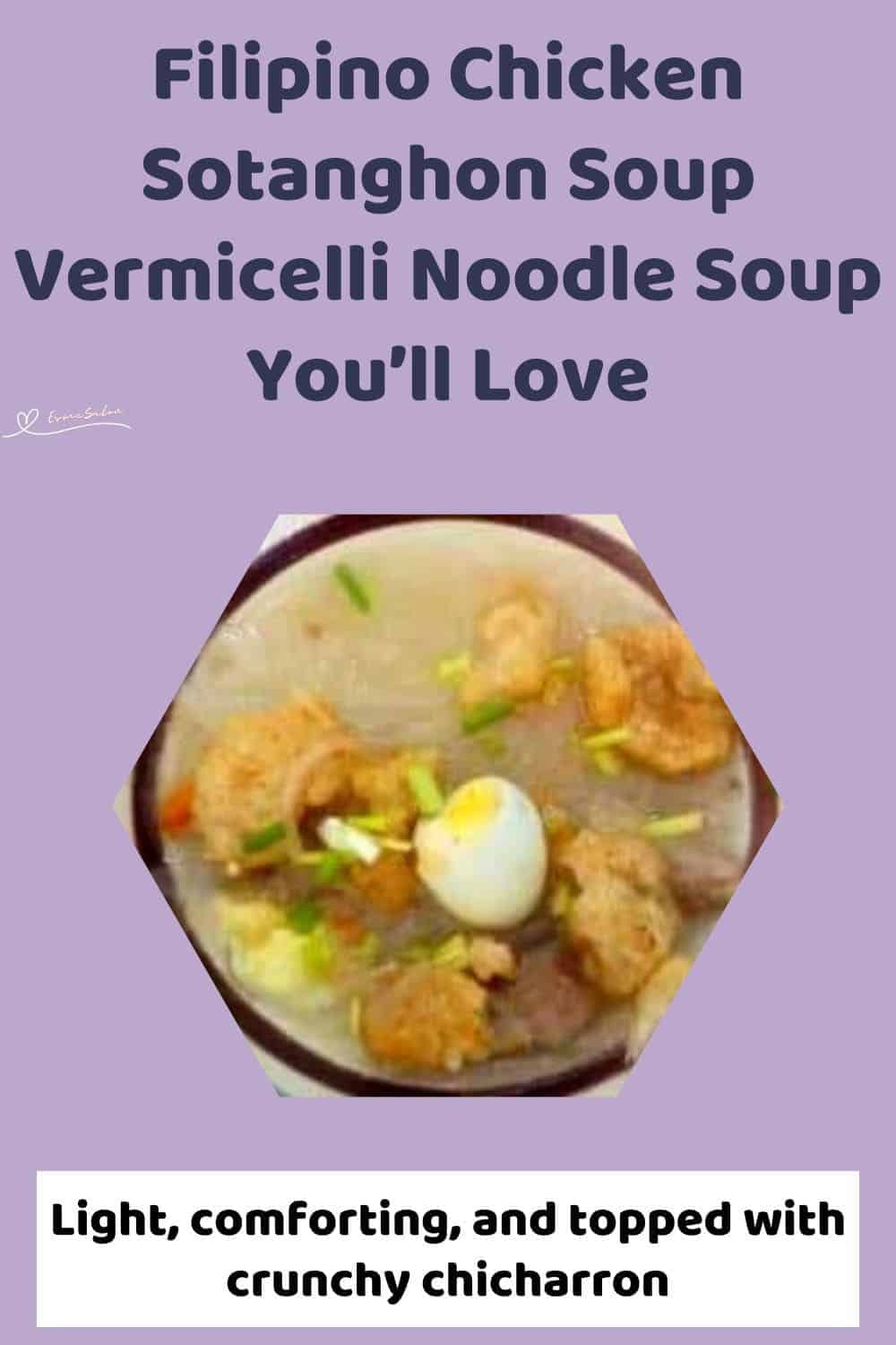 an image of a soup bowl with blue and maroon circles on the edge filled with Chicken Sotanghon Soup