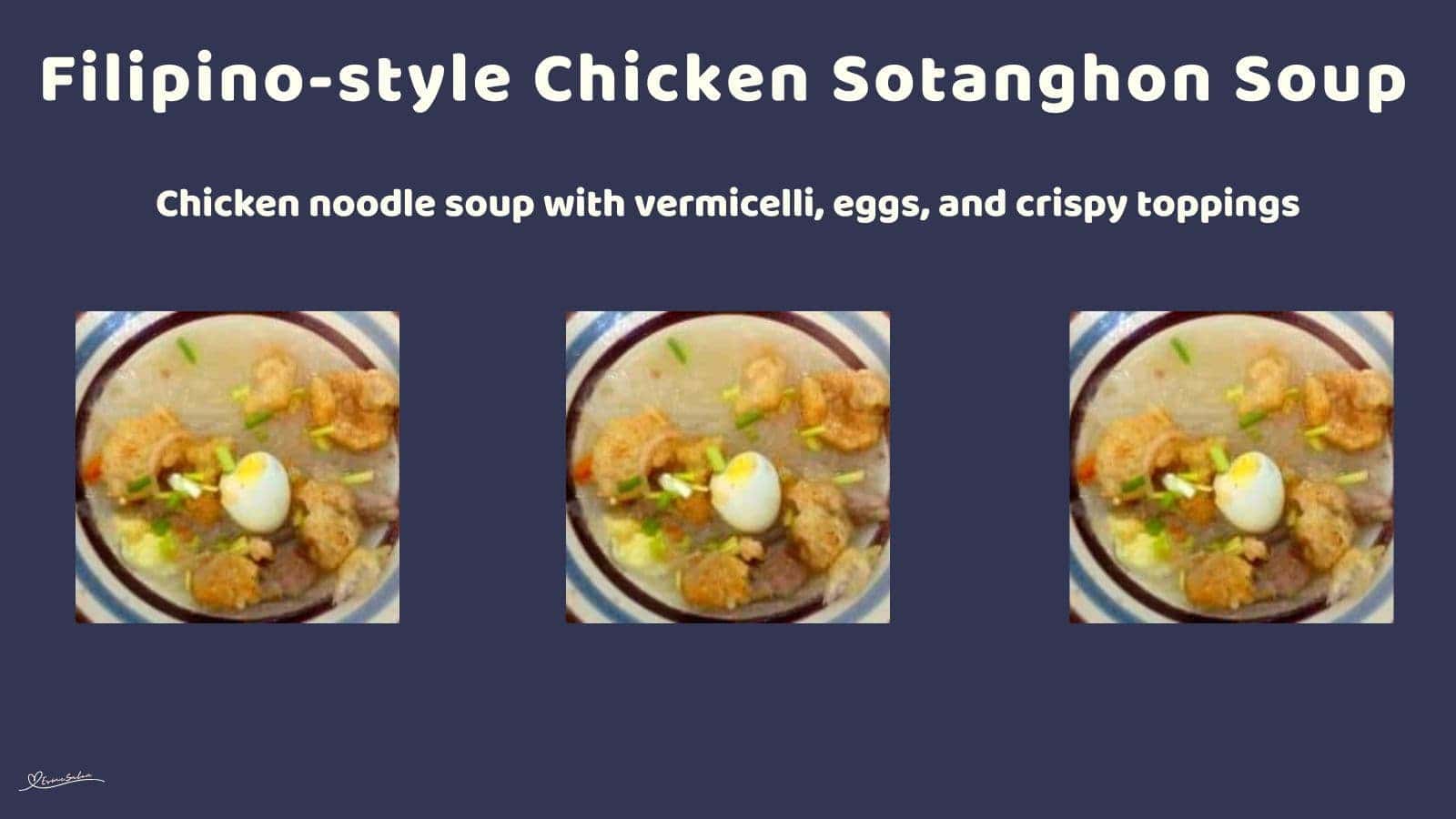 an image of a soup bowl with blue and maroon circles on the edge filled with Chicken Sotanghon Soup