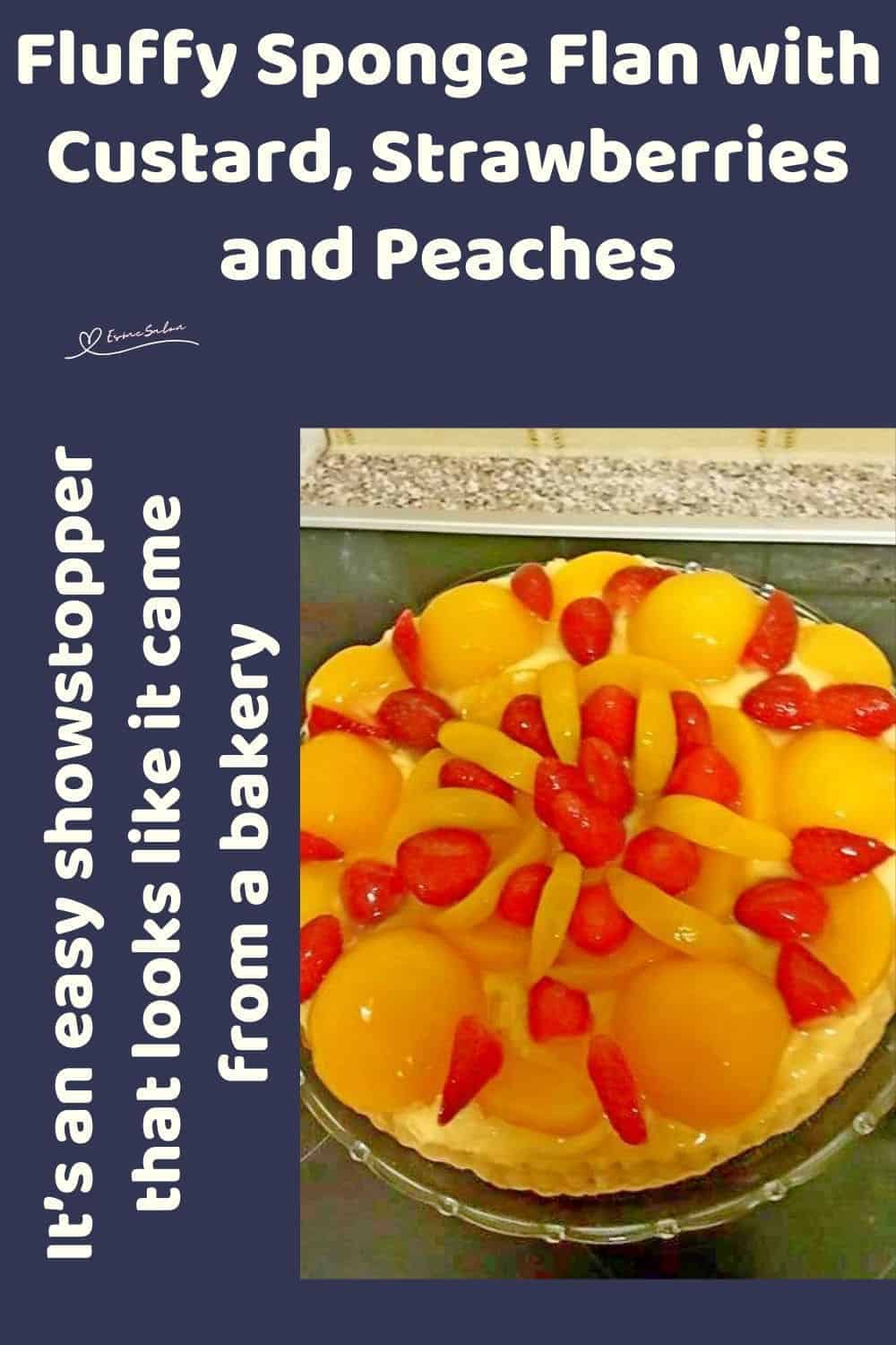 an image of a Sponge Flan with Custard with fresh peaches and strawberries