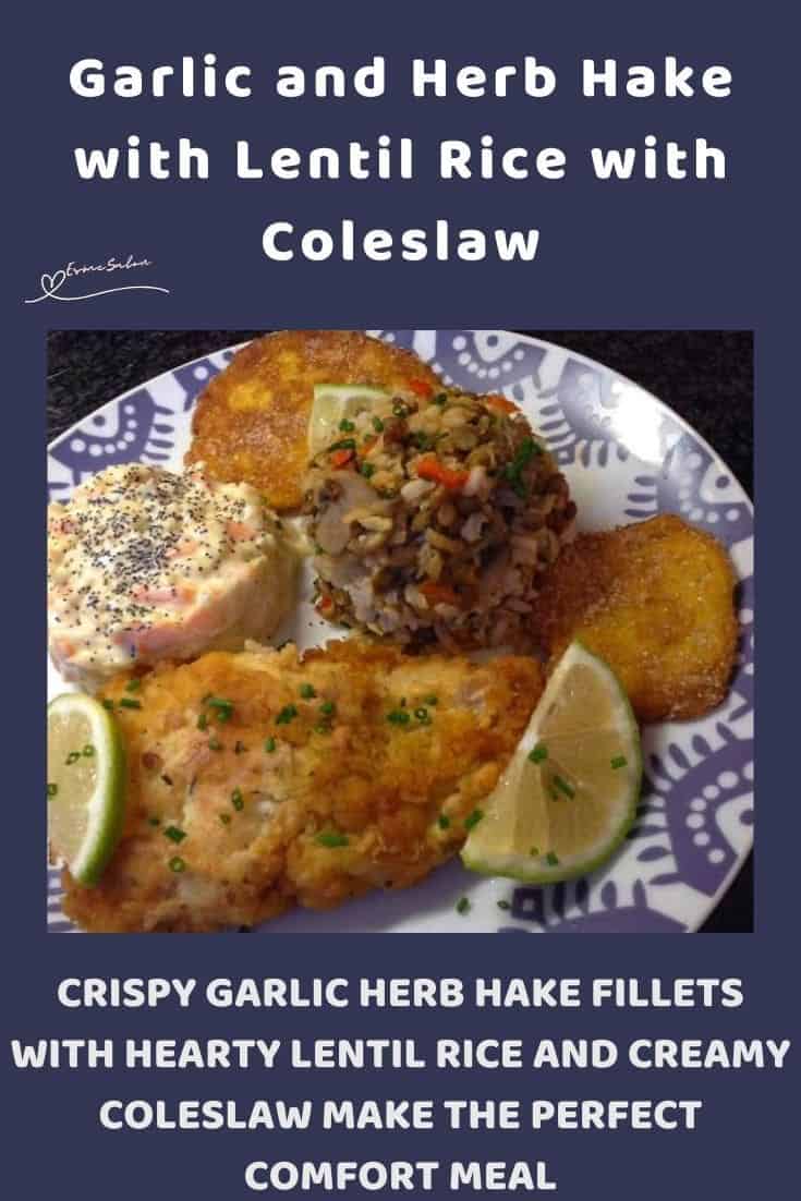 an image of Garlic and Herb Hake with Savoury Lentil Rice on a white and blue plate