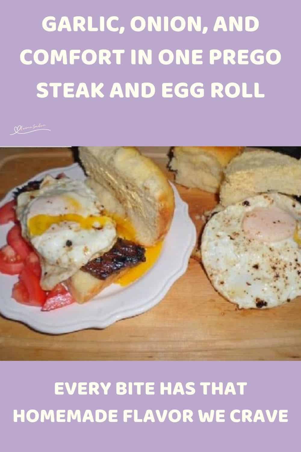 an image of Prego Steak and Egg Roll displayed on a wooden board
