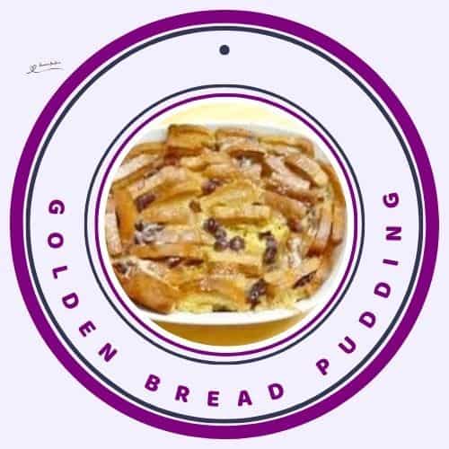 an image of a white dish with Golden Bread Pudding