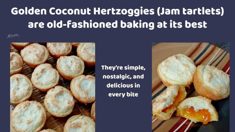 an image of Hertzoggies (Jam tartlets); jam filled and topped with a coconut fluffy mixture