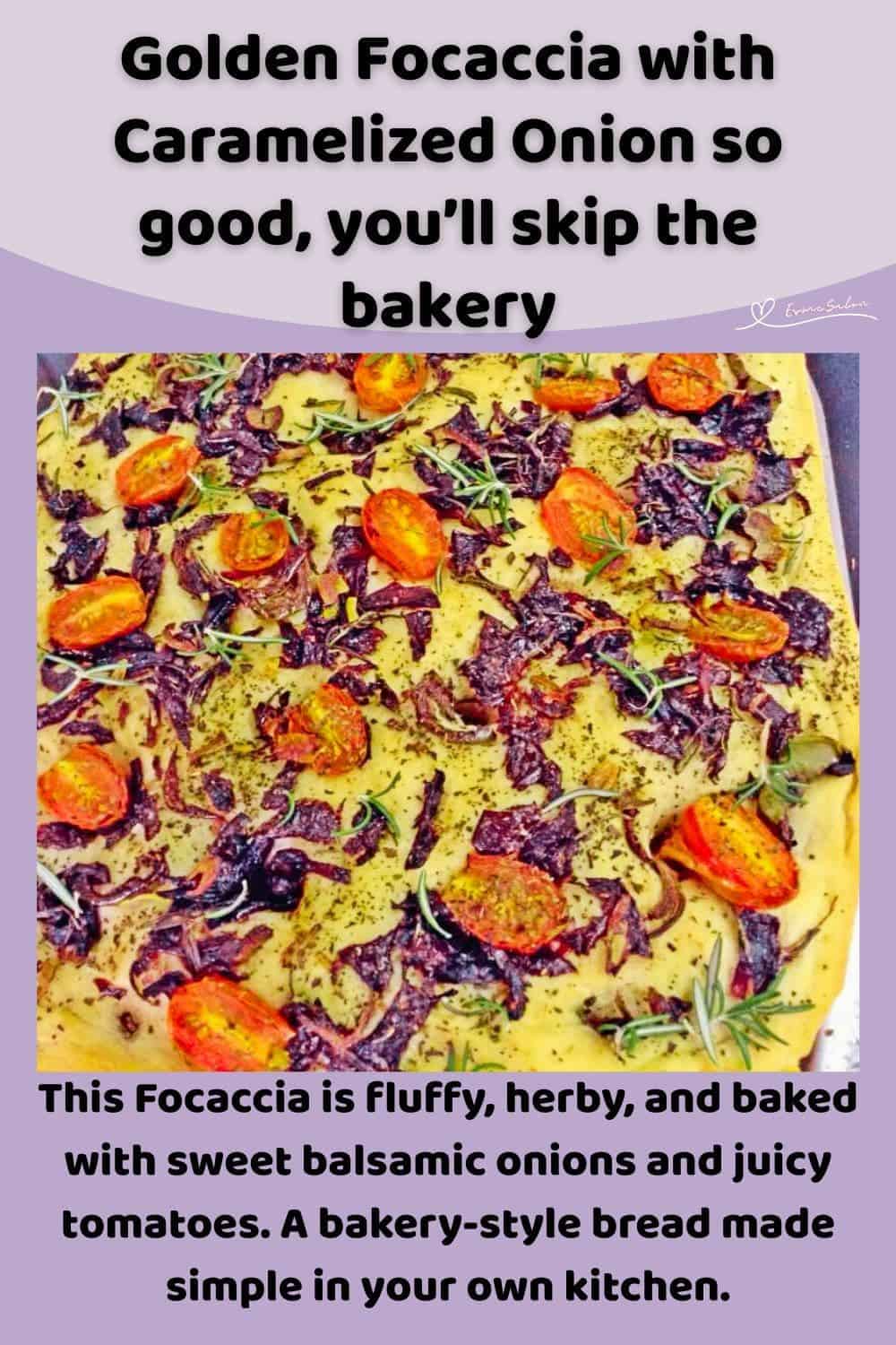 an image of Golden Focaccia with Caramelized Onion topped with tomatoes