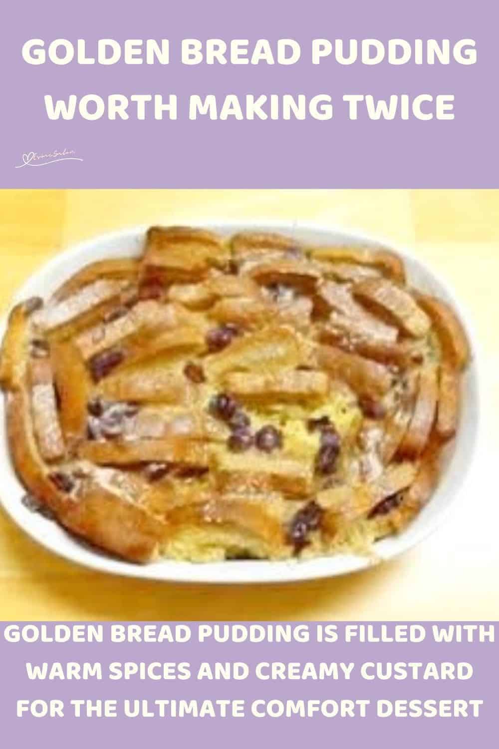 an image of a white dish with Golden Bread Pudding