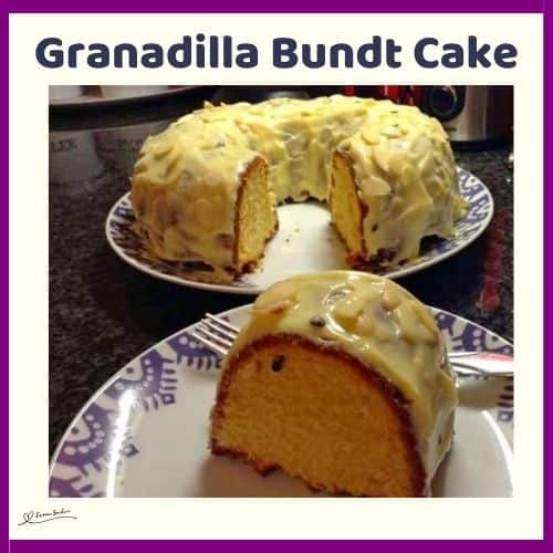 an image of a Granadilla Bundt Cake with a slice on a serving plate with a cake fork