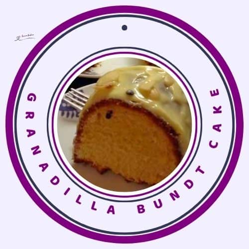 an image of a Granadilla Bundt Cake with a slice on a serving plate with a cake fork