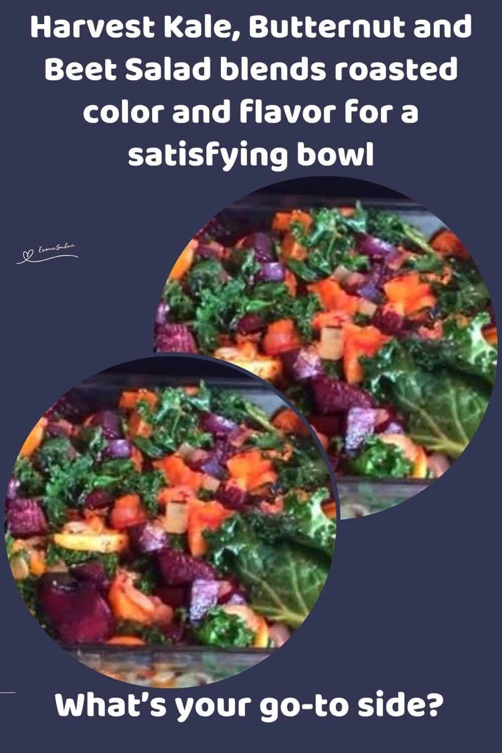 an image of a Pyrex dish with vibrant colorful Kale, Butternut and Beet Salad