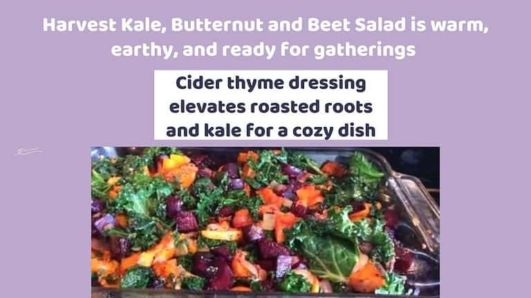 an image of a Pyrex dish with vibrant colorful Kale, Butternut and Beet Salad