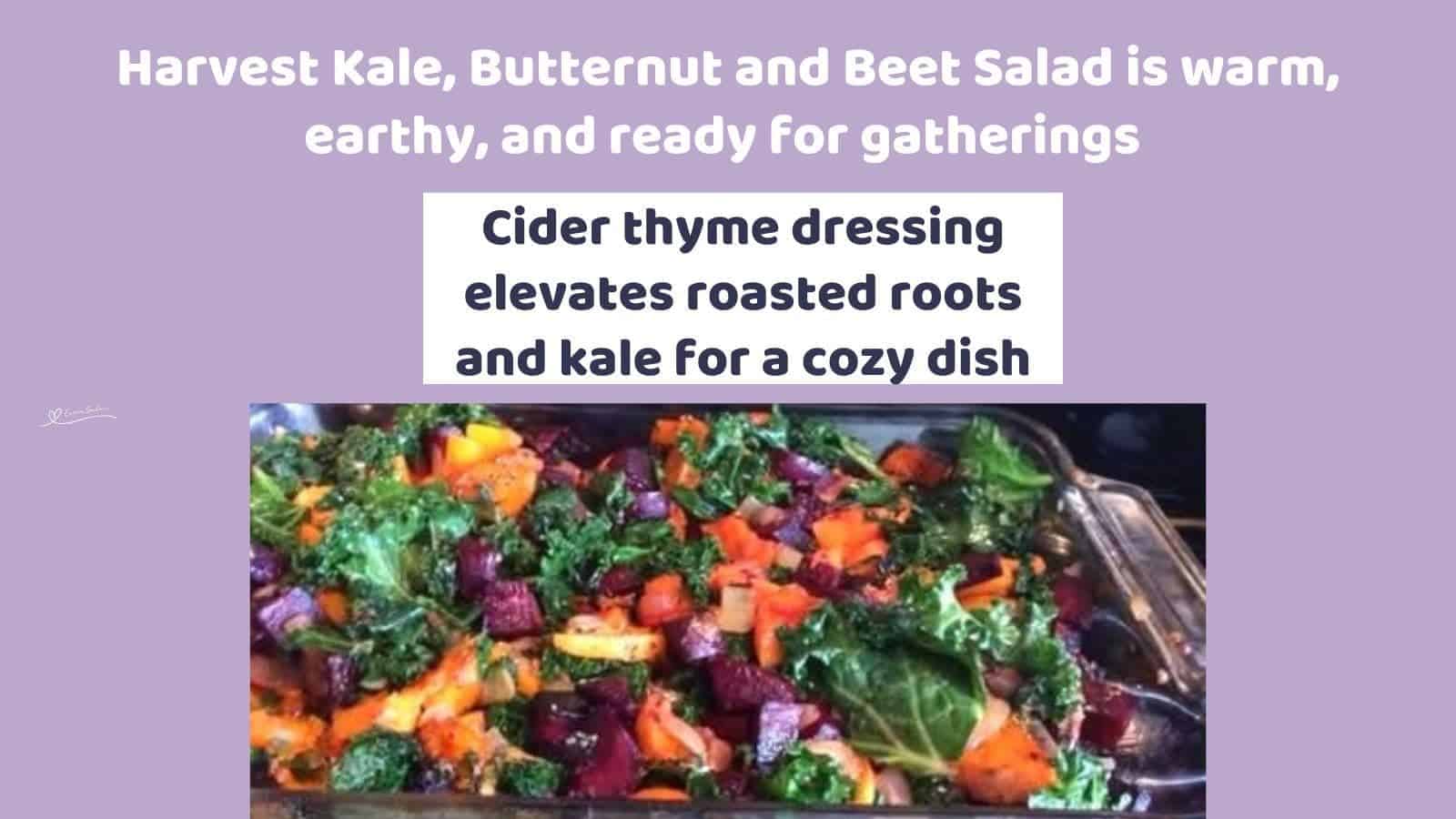 an image of a Pyrex dish with vibrant colorful Kale, Butternut and Beet Salad