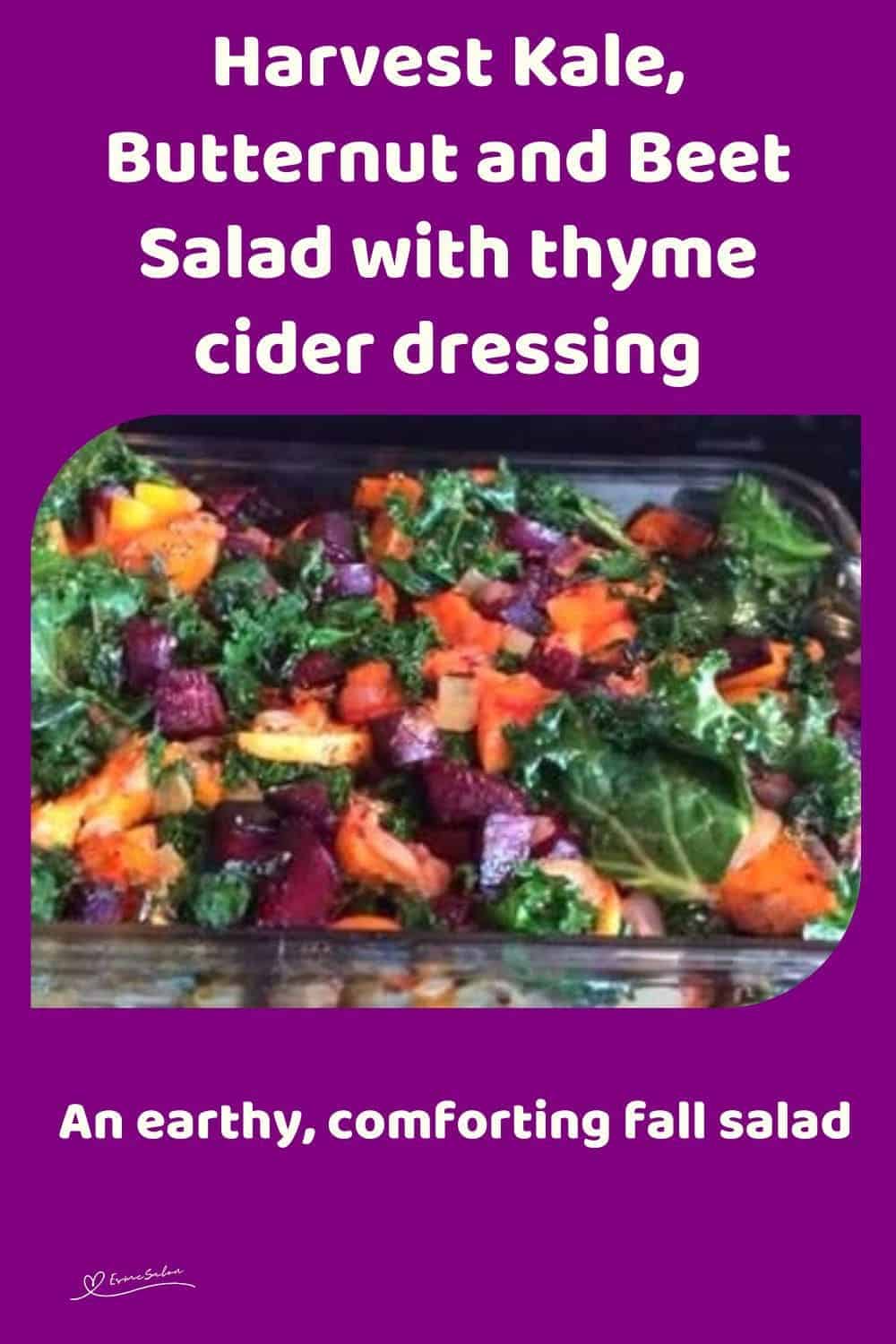 an image of a Pyrex dish with vibrant colorful Kale, Butternut and Beet Salad