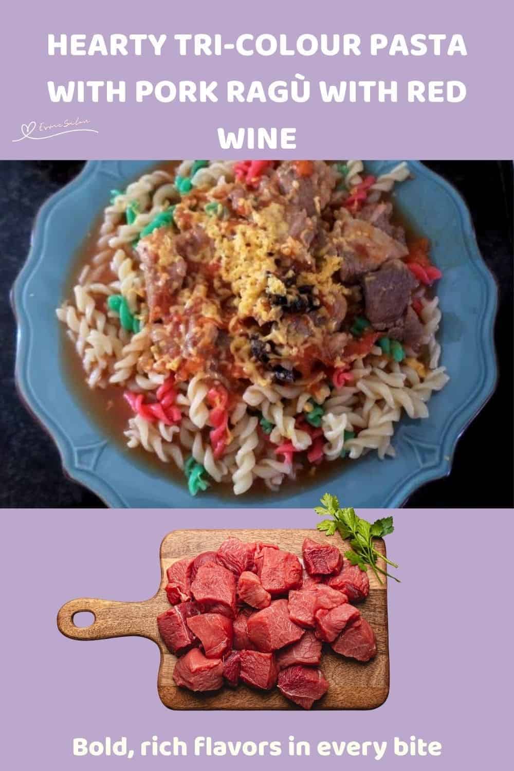 an image of a blue serving dish with Tri-colour Pasta with Pork Ragù