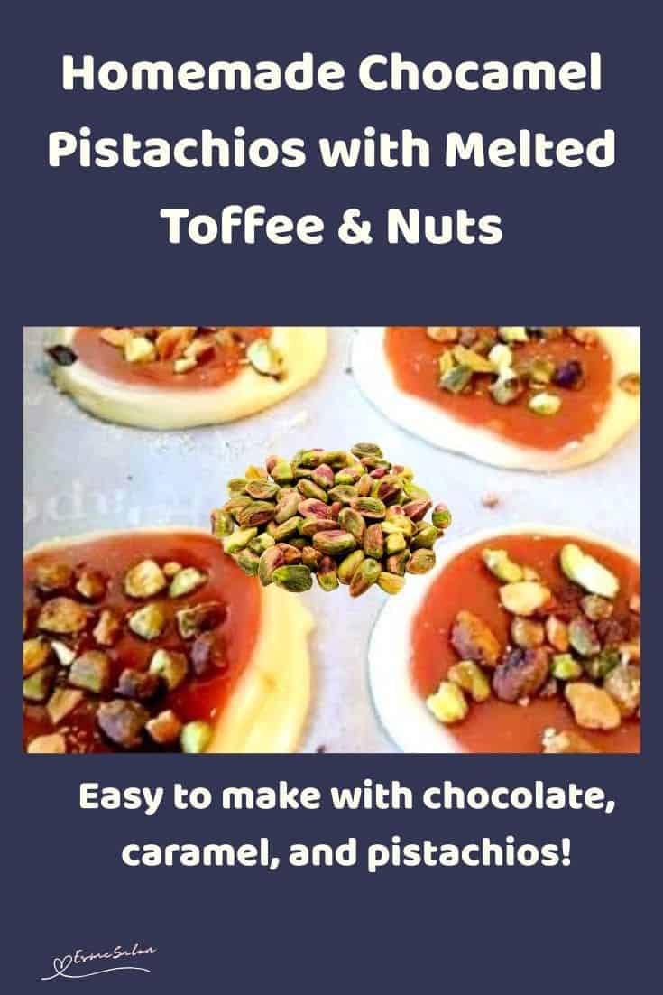 an image of Chocamel Pistachios, white chocolate with a toffee and crushed pistachio