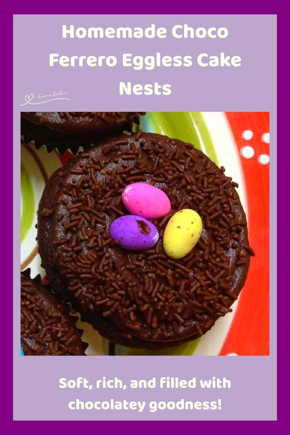 an image of Choco Ferrero Eggless Cake Nests decorated with colored mini eggs