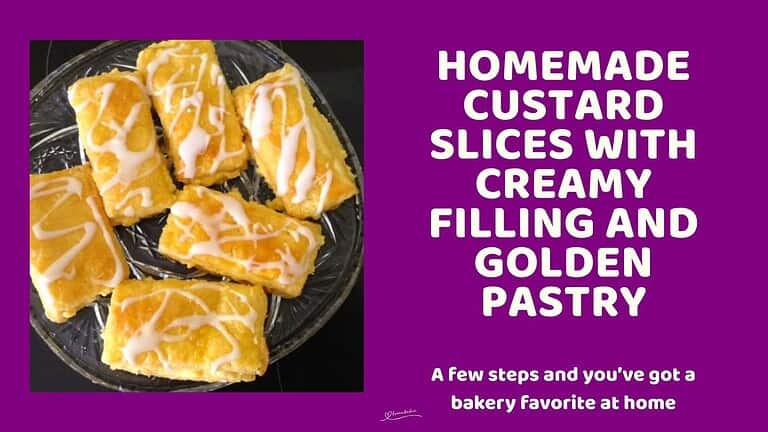 an image of a glass tray with 6 Homemade Custard Slices drizzled with glazed icing