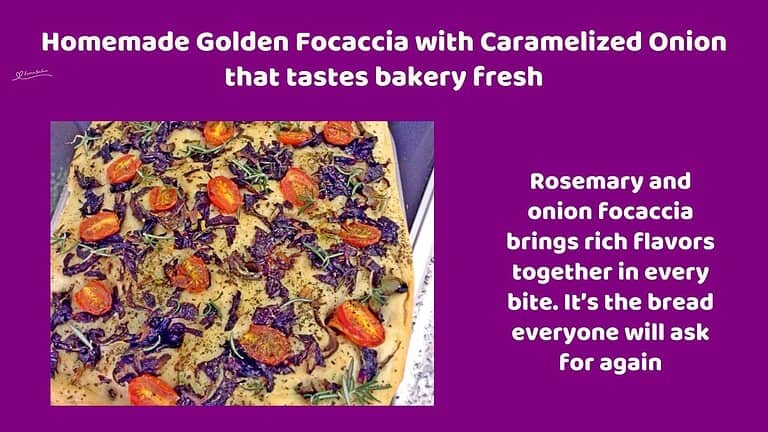 an image of Golden Focaccia with Caramelized Onion topped with tomatoes