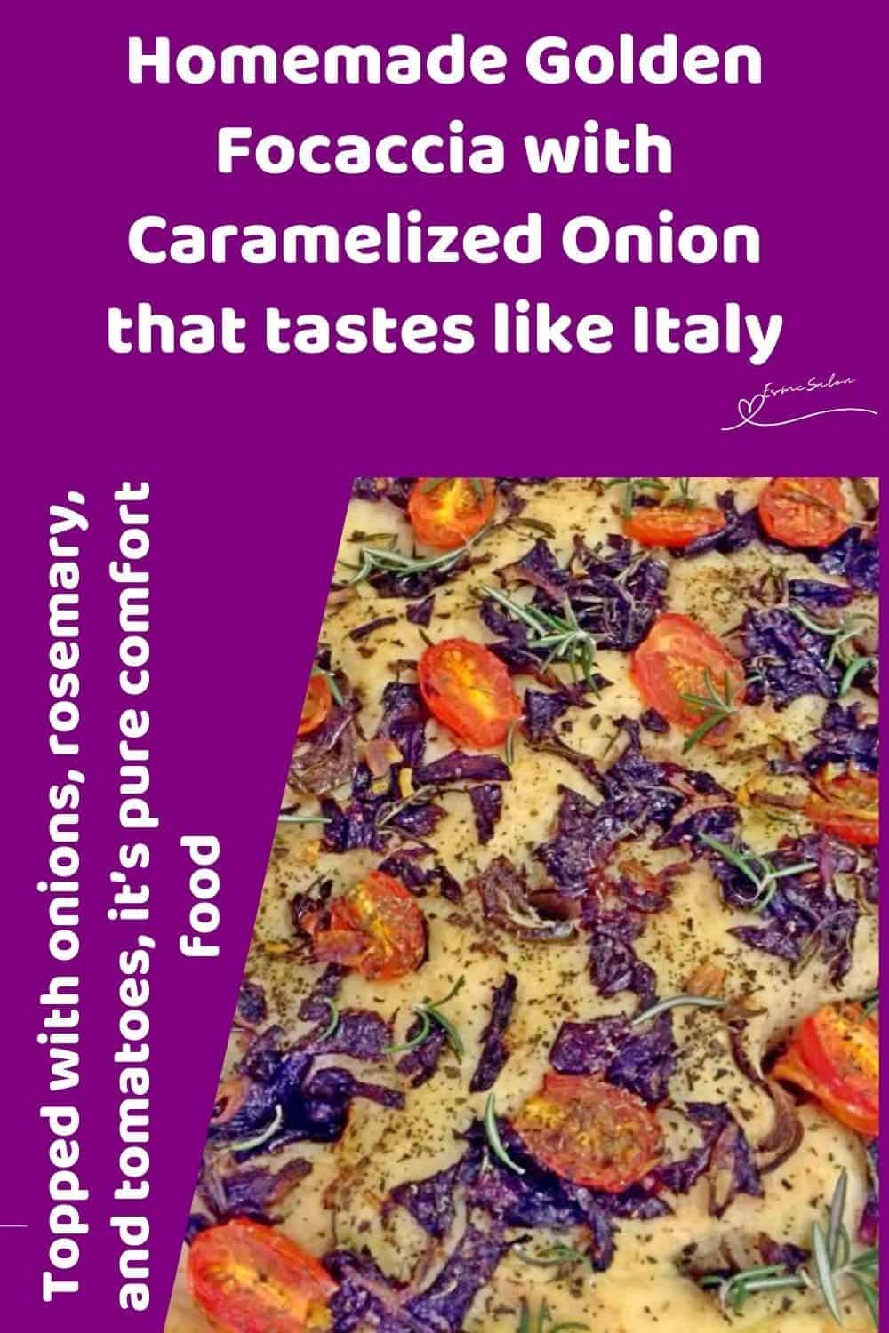 an image of Golden Focaccia with Caramelized Onion topped with tomatoes