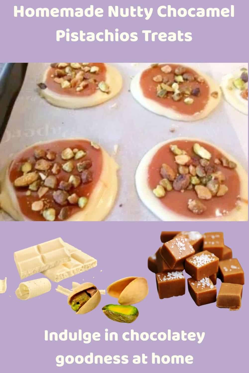 an image of Chocamel Pistachios, white chocolate with a toffee and crushed pistachio