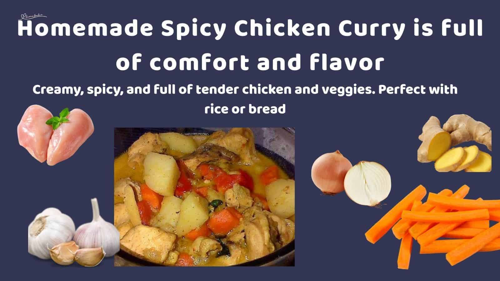 an image of a bowl filled with Spicy Chicken Curry, potatoes, carrots and peppers