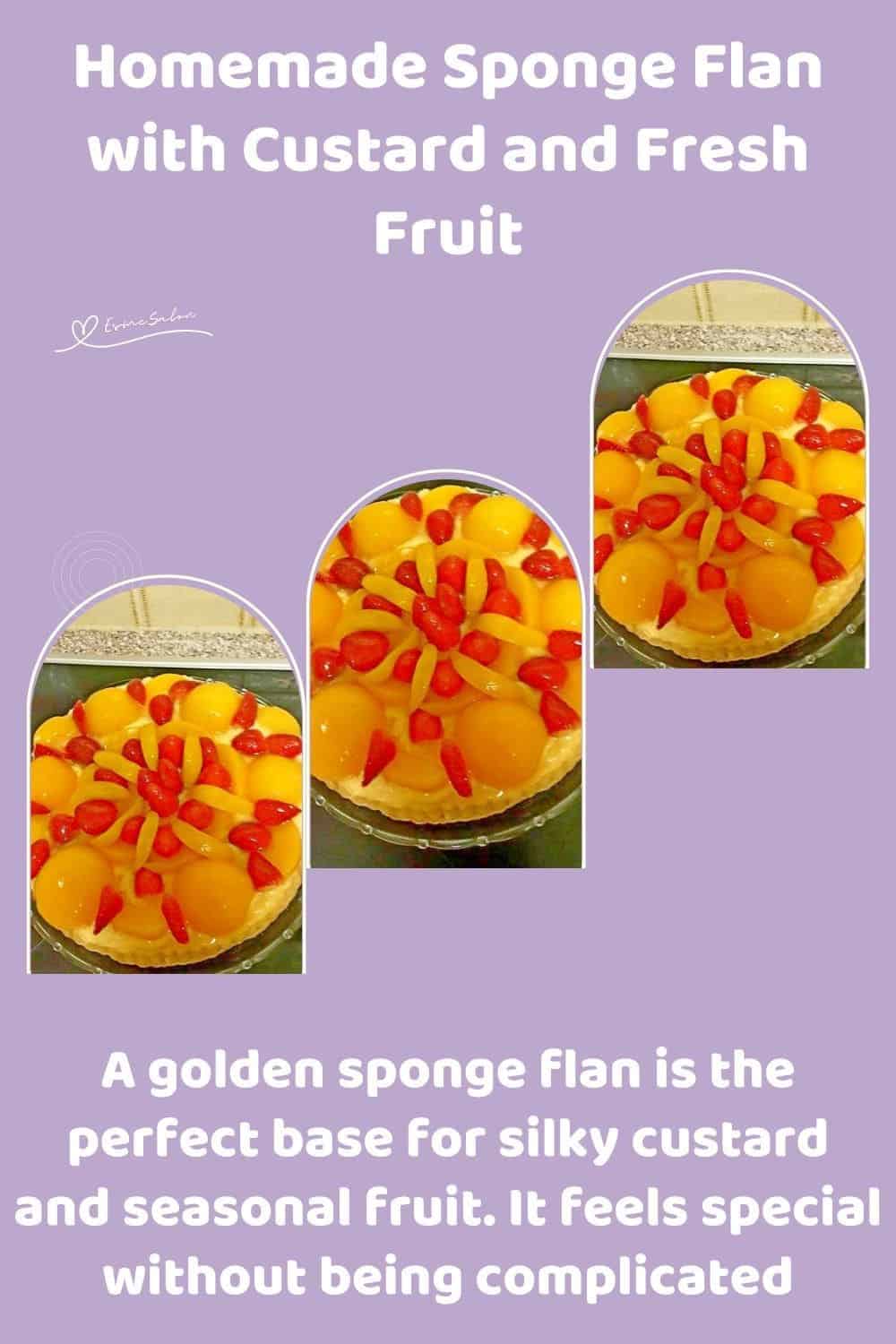 an image of a Sponge Flan with Custard with fresh peaches and strawberries