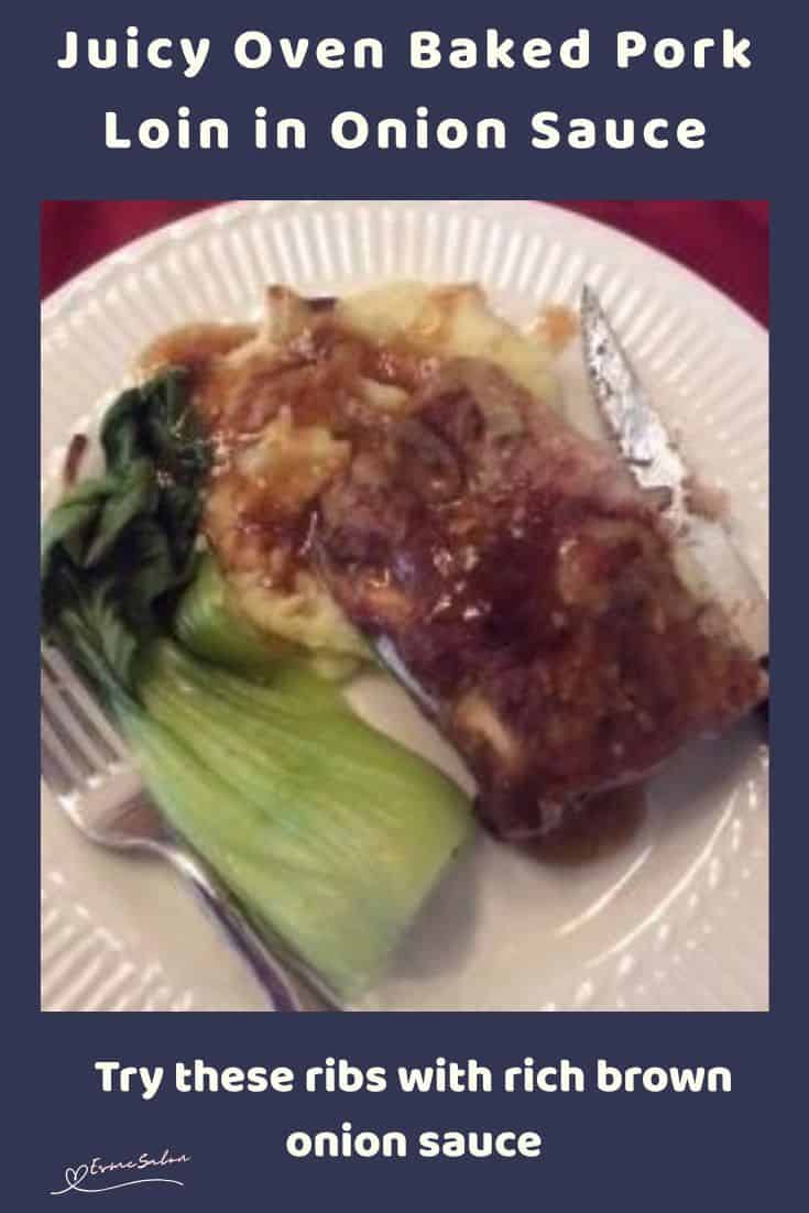 an image of Pork Loin Back Ribs with onion, garlic and gravy served with mashed potatoes and Bok Choy