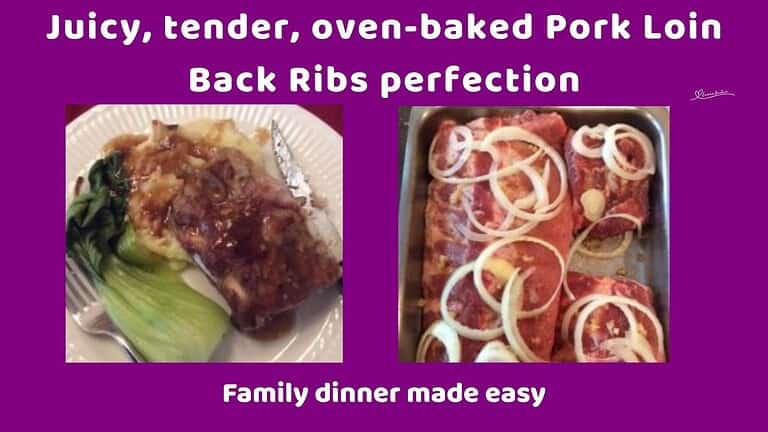 an image of Pork Loin Back Ribs with onion, garlic and gravy served with mashed potatoes and Bok Choy
