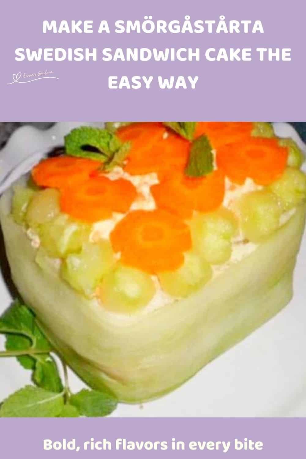 an image of a Smörgåstårta Swedish Sandwich Cake decorated with cucumber ribbons, cucumber balls, and carrot flowers