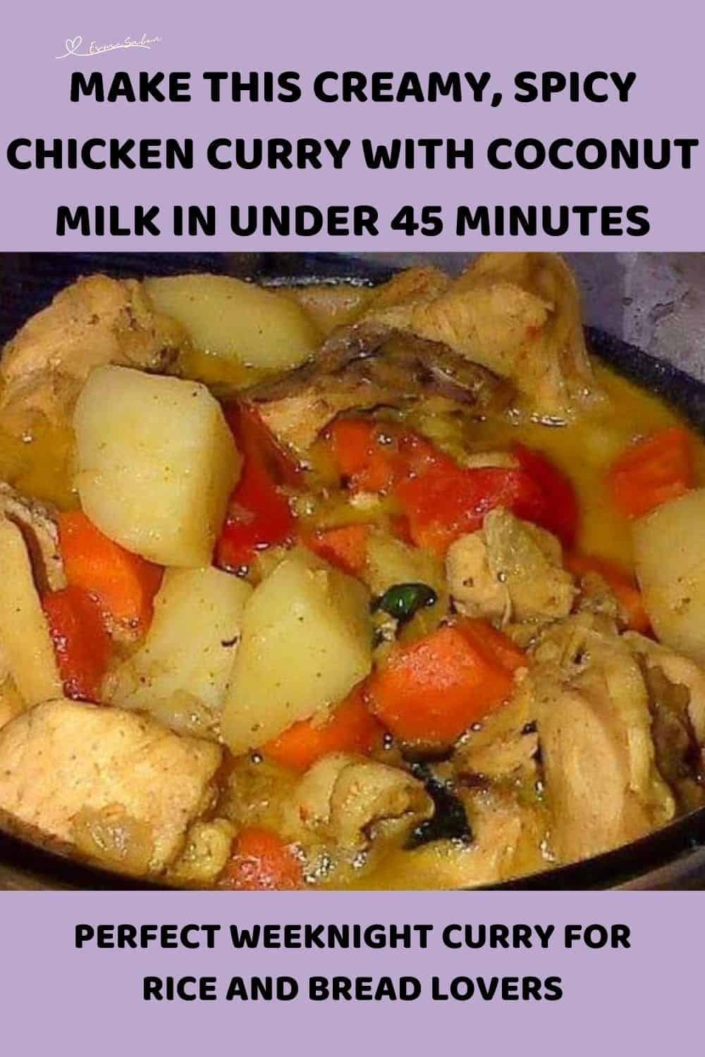 an image of a bowl filled with Spicy Chicken Curry, potatoes, carrots and peppers
