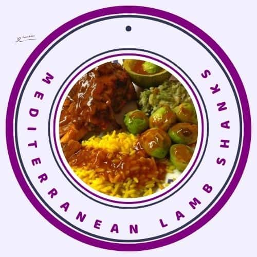 an image of Mediterranean Lamb Shanks with yellow rice, squash and broccoli